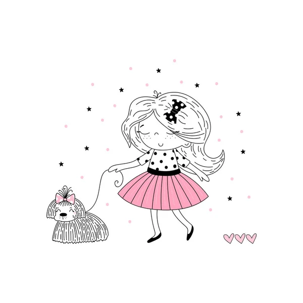 Linda chica francesa en rosa y perro. La vida es una frase hermosa. Ilustración de garabatos de vector minimalista simple para niñas — Vector de stock