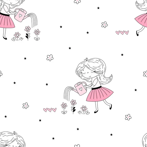 Vector seamless pattern illustration. Cute little girl watering flowers. Perfect for baby girl fabric. Vector funny doodle illustration for girlish designs like textile apparel print, wall art. — Stock Vector