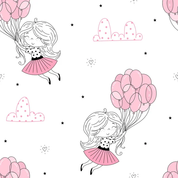 Vector seamless pattern illustration. Cute little girl in pink flying away in the sky with her pink umbrella. Vector funny doodle illustration for girlish designs like textile apparel print, wall art. — Stock Vector