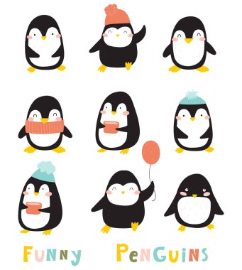 Komik karikatür penguenler koleksiyonu. Bebek hayvanlar illüstrasyon
