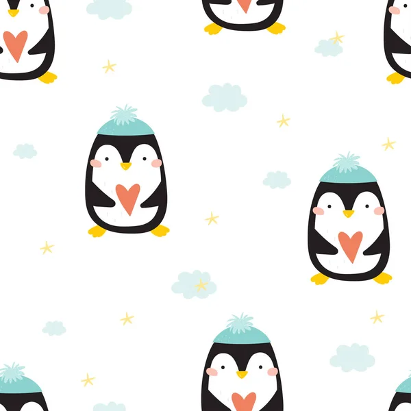 Padrão sem costura com pinguins. Pinguim bonito desenho animado ilustração. Padrão dos animais . —  Vetores de Stock