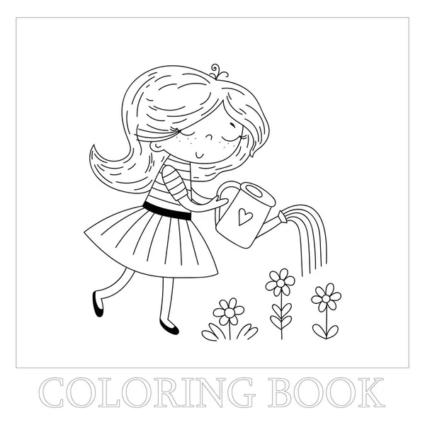 Dibujado a mano página para colorear libro con linda pequeña bailarina vector ilustración. Linda niña regando flores. Ilustración de garabatos vectoriales para diseños femeninos . — Vector de stock