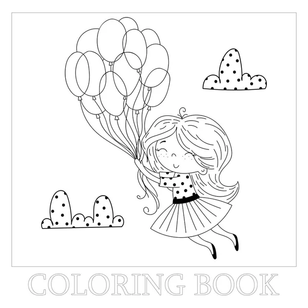Dibujado a mano página para colorear libro con linda pequeña bailarina vector ilustración. Linda niña volando en el cielo con su globo. Ilustración de garabatos vectoriales para diseños femeninos . — Vector de stock