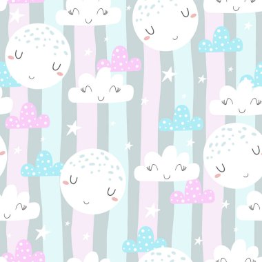 Şirin elle çizilmiş bulutlar ve Seamless modeli yıldız. vektör çizim.