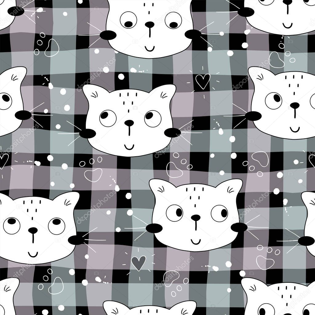 Seamless pattern with cute little cat. vector illustration