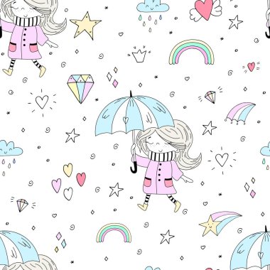 Vektör dikişsiz desen illüstrasyon. Pembe ceket ve çizgili eşarp yağmur havası sırasında şemsiye altında gizleme sevimli küçük kız.