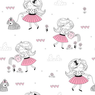 Sevimli küçük kız vektör Dikişsiz desen çizim