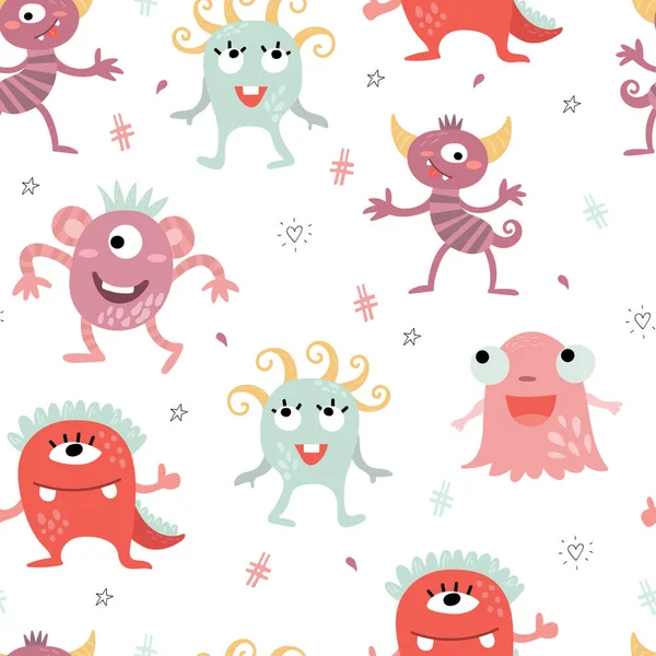 Funny monsters. Lovely seamless pattern for children designs. Sweet smiling creatures in bright colors in vector. Awesome childish background — Stock Vector