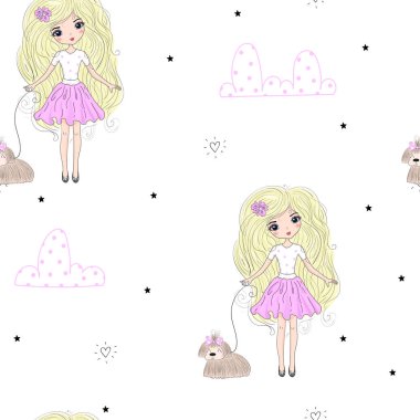 Sevimli küçük kız vektör Dikişsiz desen çizim