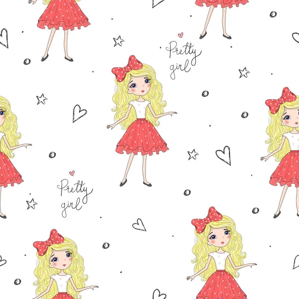 Cute little girl vector seamless pattern illustration — Stock Vector