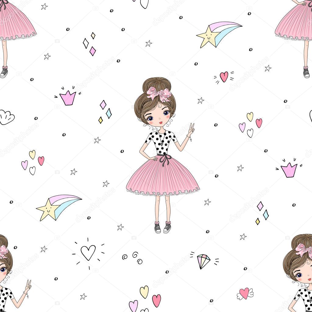 cute little girl vector seamless pattern illustration