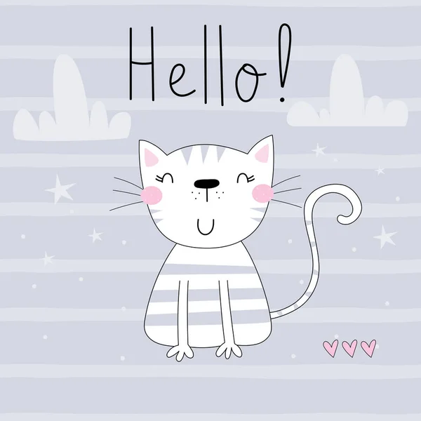 Dessiné à la main drôle mignon dessin animé vecteur chat impression — Image vectorielle