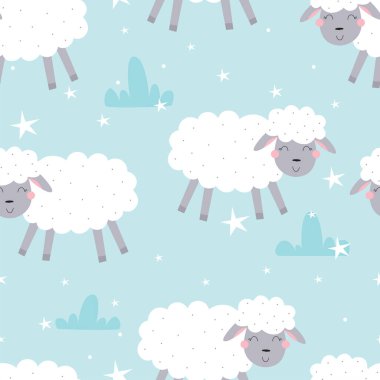 Komik koyun ile şirin seamless modeli. vektör çizim