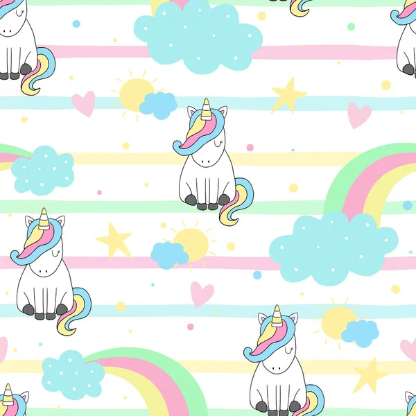 Hand drawn seamless vector pattern with cute unicorns, stars and planet. Repetitive wallpaper on white background. — Stock Vector