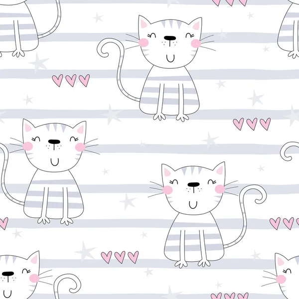 Roztomilá ručně kreslené kočky barevné bezešvé pozadí — Stockový vektor