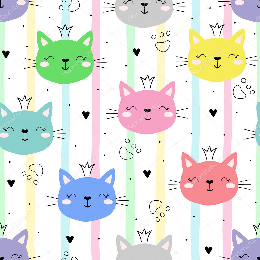 Seamless pattern with cute little cat. vector illustration