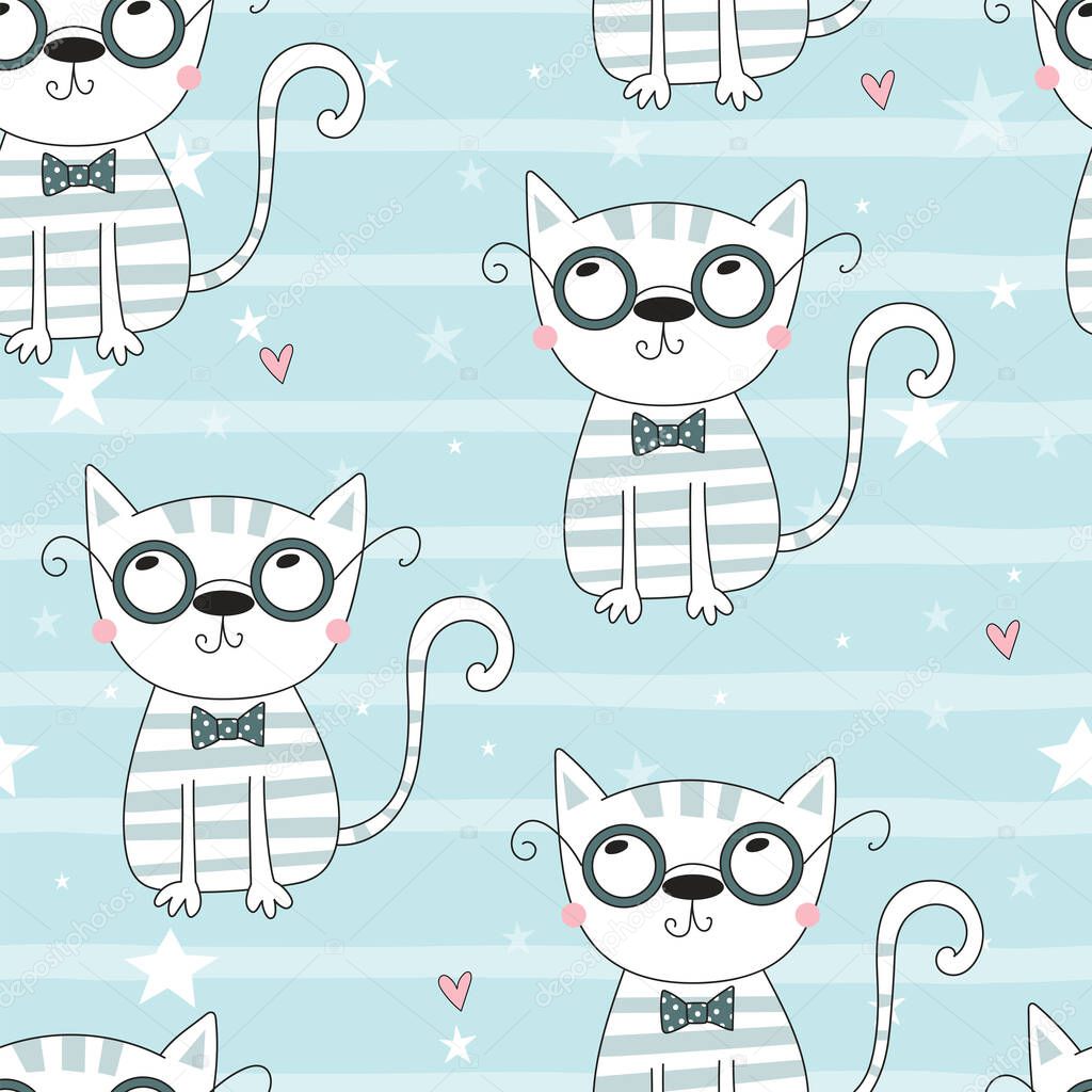 Cute hand drawn cats colorful seamless pattern background