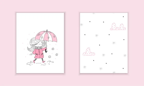 Söt liten flicka i rosa kappa och randiga halsduk gömmer sig under paraply under under regn väder. Vector doodle illustration i rosa färg för flickaktiga mönster som textil kläder print, väggdekorationer — Stock vektor