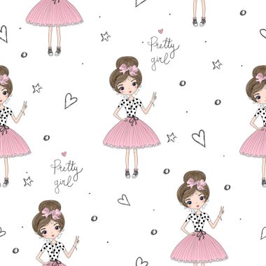 Sevimli küçük kız vektör Dikişsiz desen çizim
