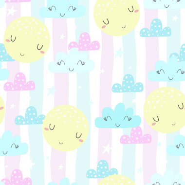 Şirin elle çizilmiş bulutlar ve Seamless modeli yıldız. vektör çizim.