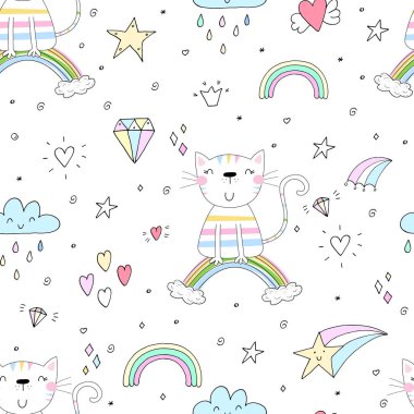 Şirin kedi üzerinde bir gökkuşağı, doodle gösterim amacıyla çocuklar vektör yazdırma ile çizilmiş seamless modeli el