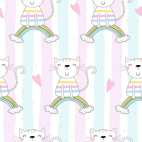 Dibujado a mano patrón sin costura con gato lindo en un arco iris, garabato ilustración para niños impresión vectorial — Vector de stock