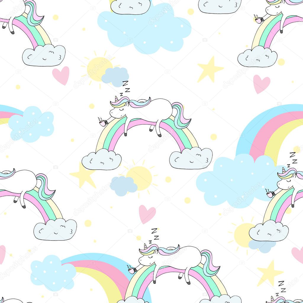 Hand drawn seamless vector pattern with cute unicorns, stars and planet. Repetitive wallpaper on white background.