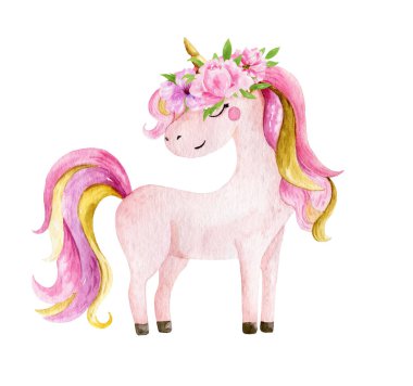 Isolated cute watercolor unicorn clipart. Nursery unicorns illustration. Princess unicorns poster. Trendy pink cartoon horse. clipart