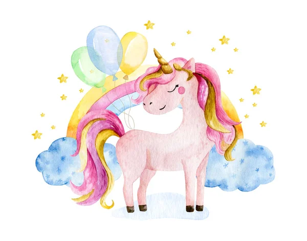 Isolated cute watercolor unicorn and rainbow clipart. Nursery unicorns illustration. Princess unicorns poster. Trendy pink cartoon horse.
