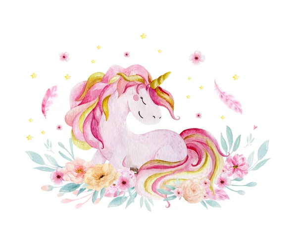 Isolated cute watercolor unicorn and flowers clipart. Nursery unicorns illustration. Princess unicorns poster. Trendy pink cartoon horse. — Stock Photo, Image