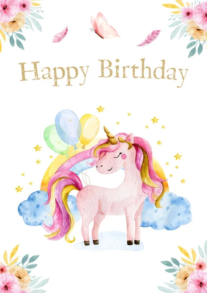Hand drawn greeting card white cute watercolor unicorn and rainbow clipart. Nursery unicorns illustration. Princess unicorns poster. Trendy pink cartoon horse. Happy birthday.