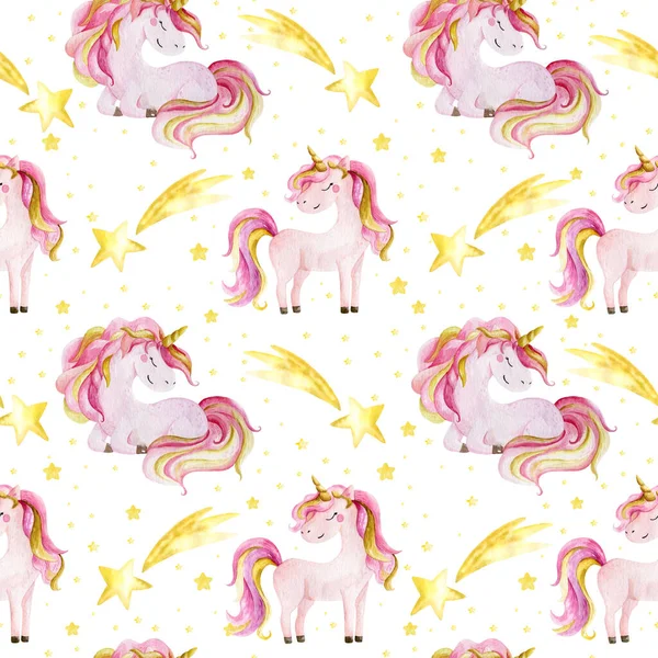 Cute watercolor seamless pattern with unicorn. Nursery unicorns illustration. — Stock Photo, Image