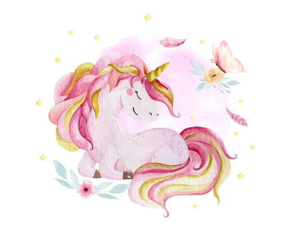 Isolated cute watercolor unicorn and flowers clipart. Nursery unicorns illustration. Princess unicorns poster. Trendy pink cartoon horse.