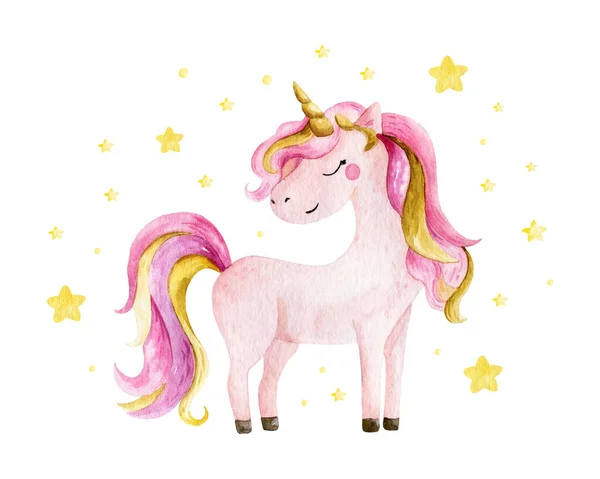 Isolated cute watercolor unicorn and stars clipart. Nursery unicorns illustration. Princess unicorns poster. Trendy pink cartoon horse. — Stock Photo, Image