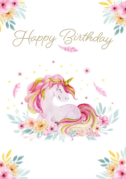 Tarjeta de felicitación dibujada a mano blanca linda acuarela unicornio y flores clipart. Ilustración de unicornios infantiles. Cartel de unicornios princesa. Caballo de dibujos animados rosa de moda. Feliz cumpleaños. . — Foto de Stock