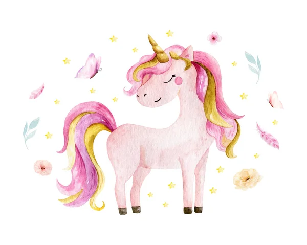 Isolado bonito unicórnio aquarela e clipart flores. Ilustração de unicórnios de berçário. Cartaz da Princesa Unicórnios. Cavalo de desenho animado rosa na moda . — Fotografia de Stock