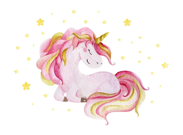 Isolated cute watercolor unicorn and stars clipart. Nursery unicorns illustration. Princess unicorns poster. Trendy pink cartoon horse. — Stock Photo, Image