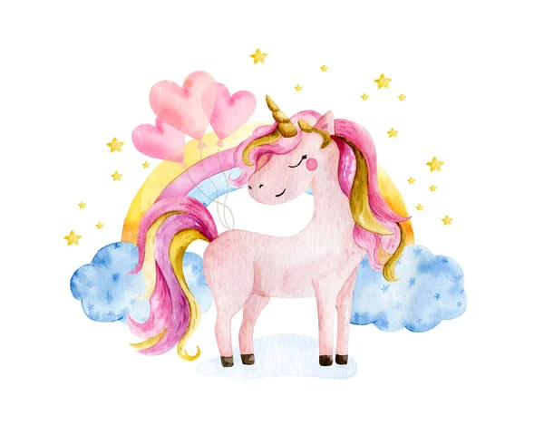 Isolated cute watercolor unicorn and rainbow clipart. Nursery unicorns illustration. Princess unicorns poster. Trendy pink cartoon horse. — Stock Photo, Image