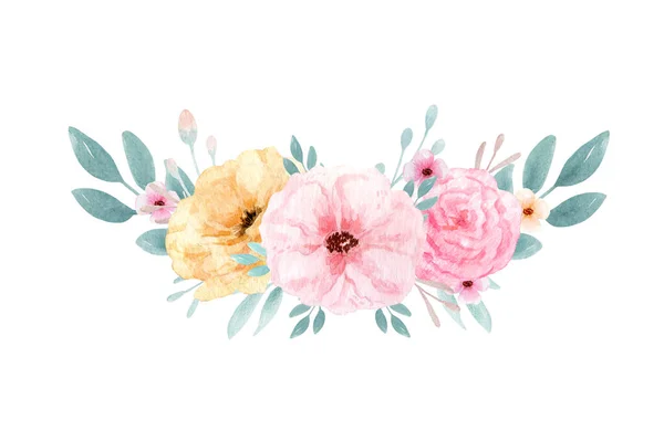 Illustrazione del bouquet ad acquerello disegnato a mano. Corone botaniche isolate di rami verdi e foglie di fiori. Modo primaverile ed estivo. Fioritura di nozze elemento di design floreale — Foto Stock