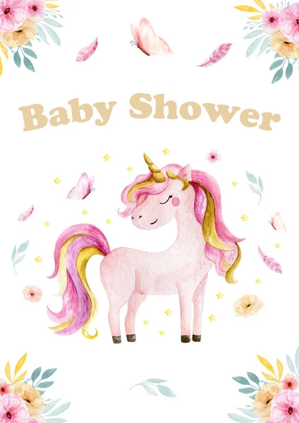 Tarjeta de felicitación dibujada a mano blanca linda acuarela unicornio y flores clipart. Ilustración de unicornios infantiles. Cartel de unicornios princesa. Caballo de dibujos animados rosa de moda. Ducha bebé —  Fotos de Stock