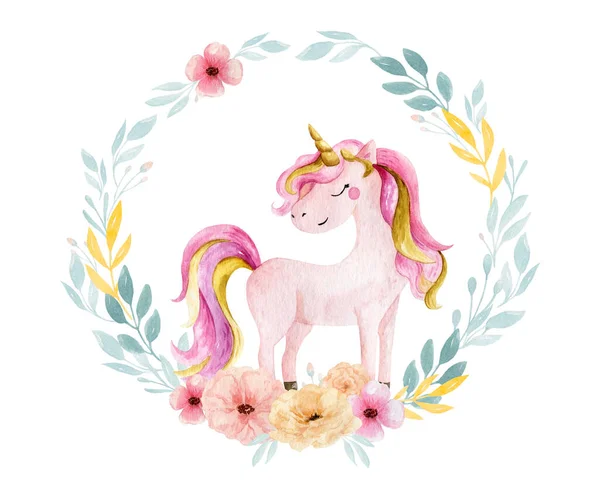 Isolated Cute Watercolor Unicorn Flowers Clipart Nursery Unicorns Illustration Princess — Stock Photo, Image