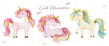 Set of Isolated cute watercolor unicorns clipart. Nursery unicorns illustration. Princess unicorns poster. Trendy cartoon horse clipart