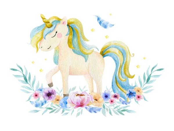 Isolated cute watercolor unicorn and flowers clipart. Nursery unicorns illustration. Princess unicorns poster. Trendy cartoon horse