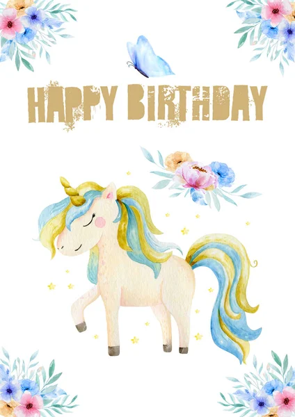 Hand drawn greeting card white cute watercolor unicorn and flowers clipart. Nursery unicorns illustration. Princess unicorns poster. Trendy pink cartoon horse. Happy birthday