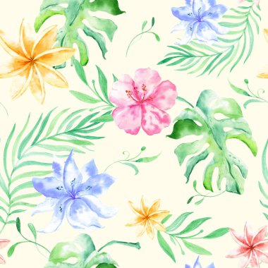 Suluboya tropikal palmiye pürüzsüz izler bırakır. Tropik palmiye yaprakları, orman yaprakları, dikişsiz çiçek desenleri.