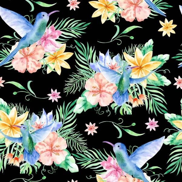 Цветочный бесшовный тропический узор, летний фон с экзотическими цветами, пальмовыми листьями, листьями джунглей, цветком орхидеи и колибри. Винтажные ботанические обои, иллюстрация в гавайском стиле . — стоковое фото