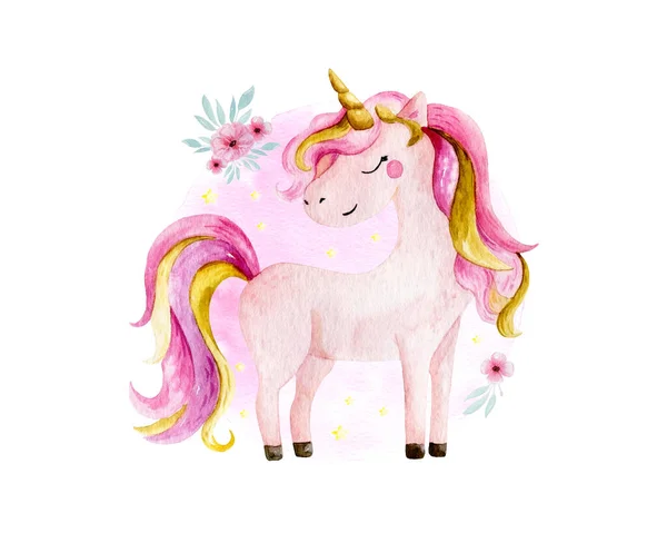 Isolated cute watercolor unicorn and flowers clipart. Nursery unicorns illustration. Princess unicorns poster. Trendy pink cartoon horse. — Stock Photo, Image