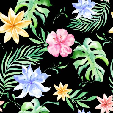 Suluboya tropikal palmiye pürüzsüz izler bırakır. Tropik palmiye yaprakları, orman yaprakları, dikişsiz çiçek desenleri.