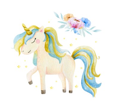 Isolated cute watercolor unicorn and flowers clipart. Nursery unicorns illustration. Princess unicorns poster. Trendy cartoon horse. clipart