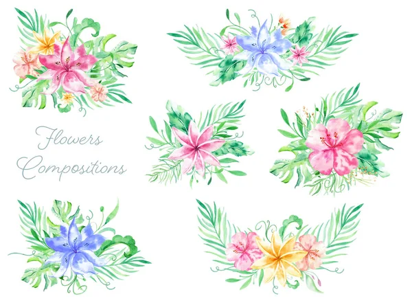 Bouqet acquerello con fiori tropicali, foglie. Hawaiian illustrazioni esotiche per biglietto di auguri, matrimonio, carta da parati — Foto Stock